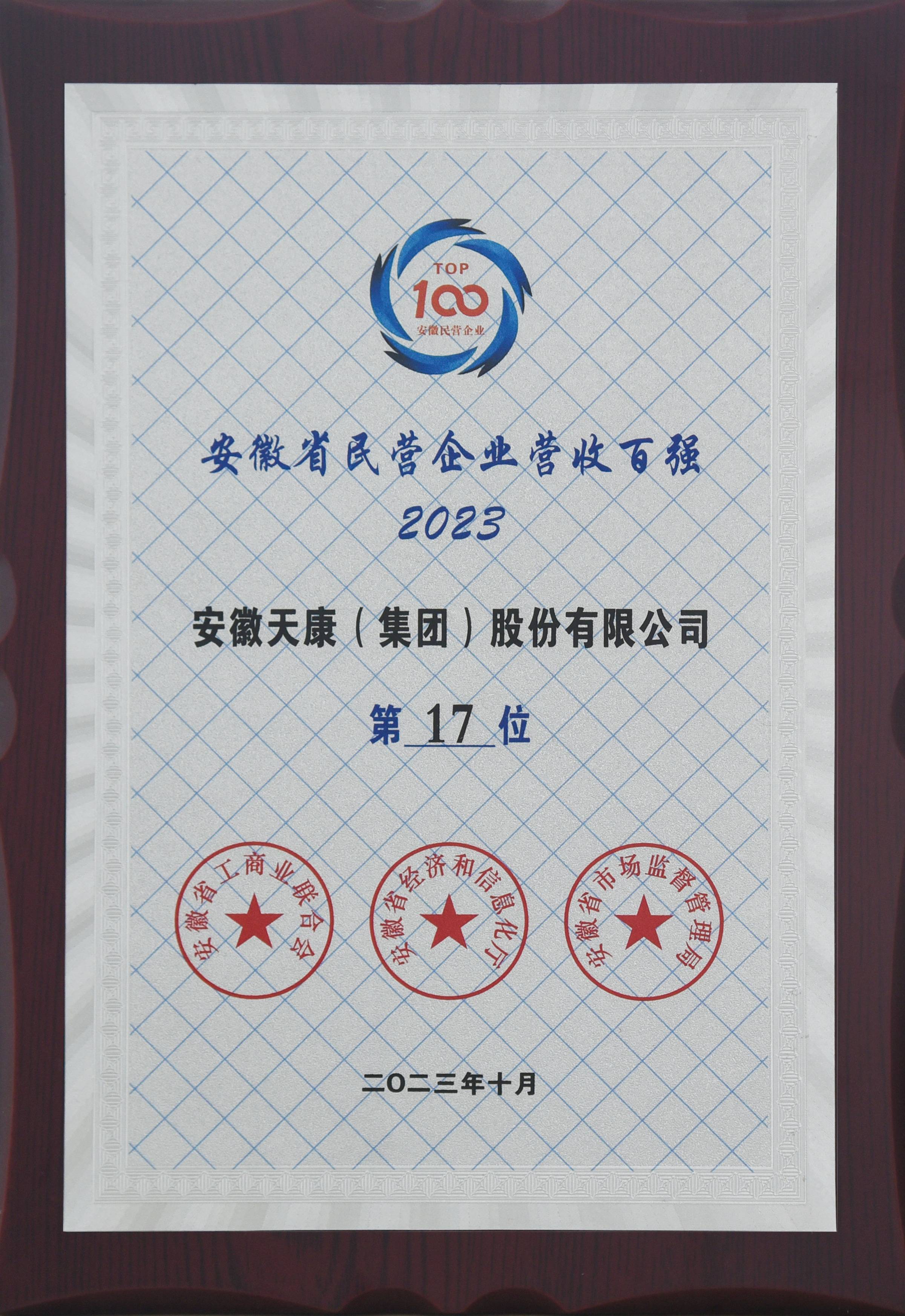 2023安徽省民營企業(yè)營收百強(qiáng)第17位